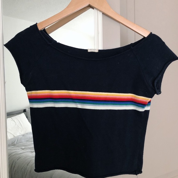 Brandy Melville Tops - Brandy Melville navy and rainbow Rin t shirt